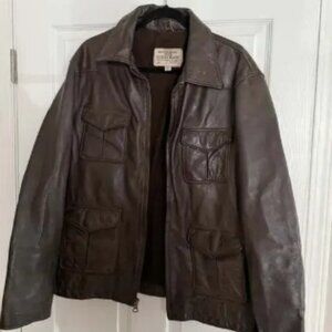 Vintage Guess Men's Brown Distressed Leather Bomber Jacket